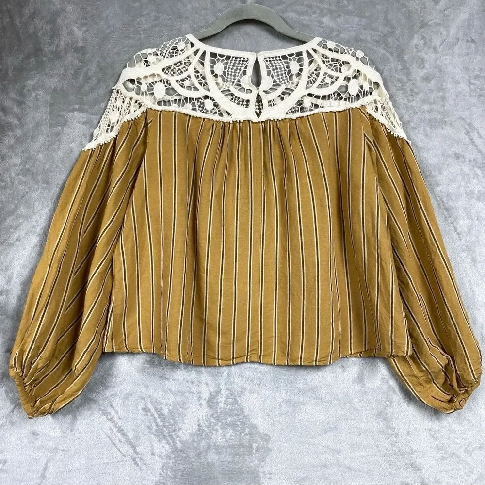 Zara Woman Crochet Striped Cotton Long Sleeve Blouse Size S